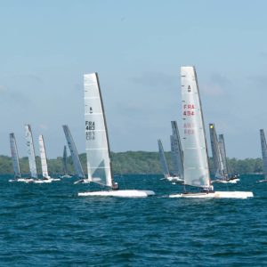 Des catamarans de classe A lors d'une régate.